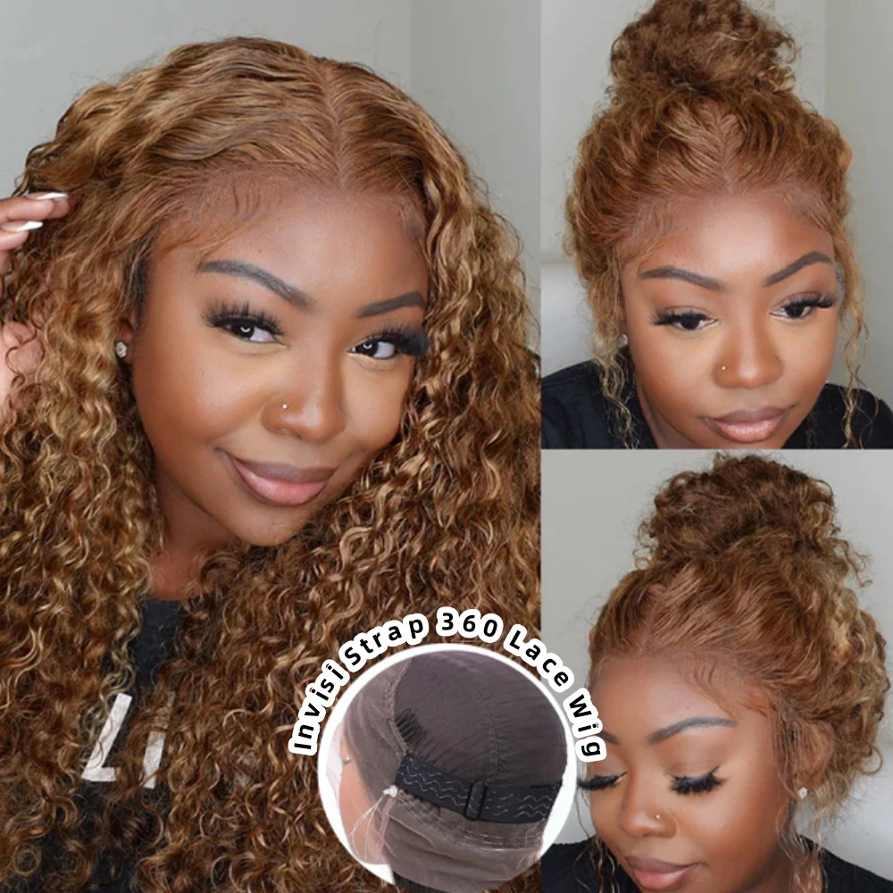 

Invisi-Strap 360 Full Lace Wig Human Hair Pre Plucked 250 Density Highlight Deep Wave Lace Wigs Colored HD 360 Lace Frontal Wig