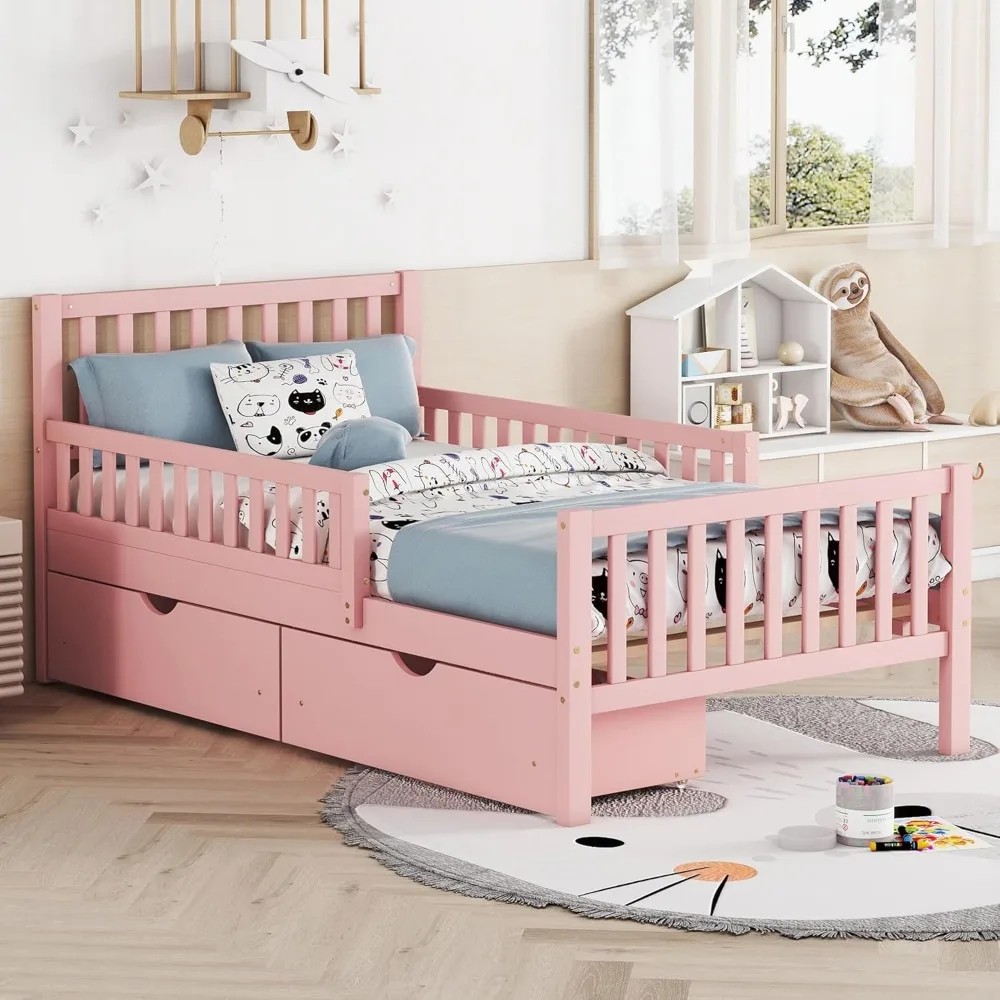 

Kids Twin Bed with Guardrails, Low Platform Bed with Headboard and Footboard, Pink Children Bed Frame with 2 Drawers for Boy