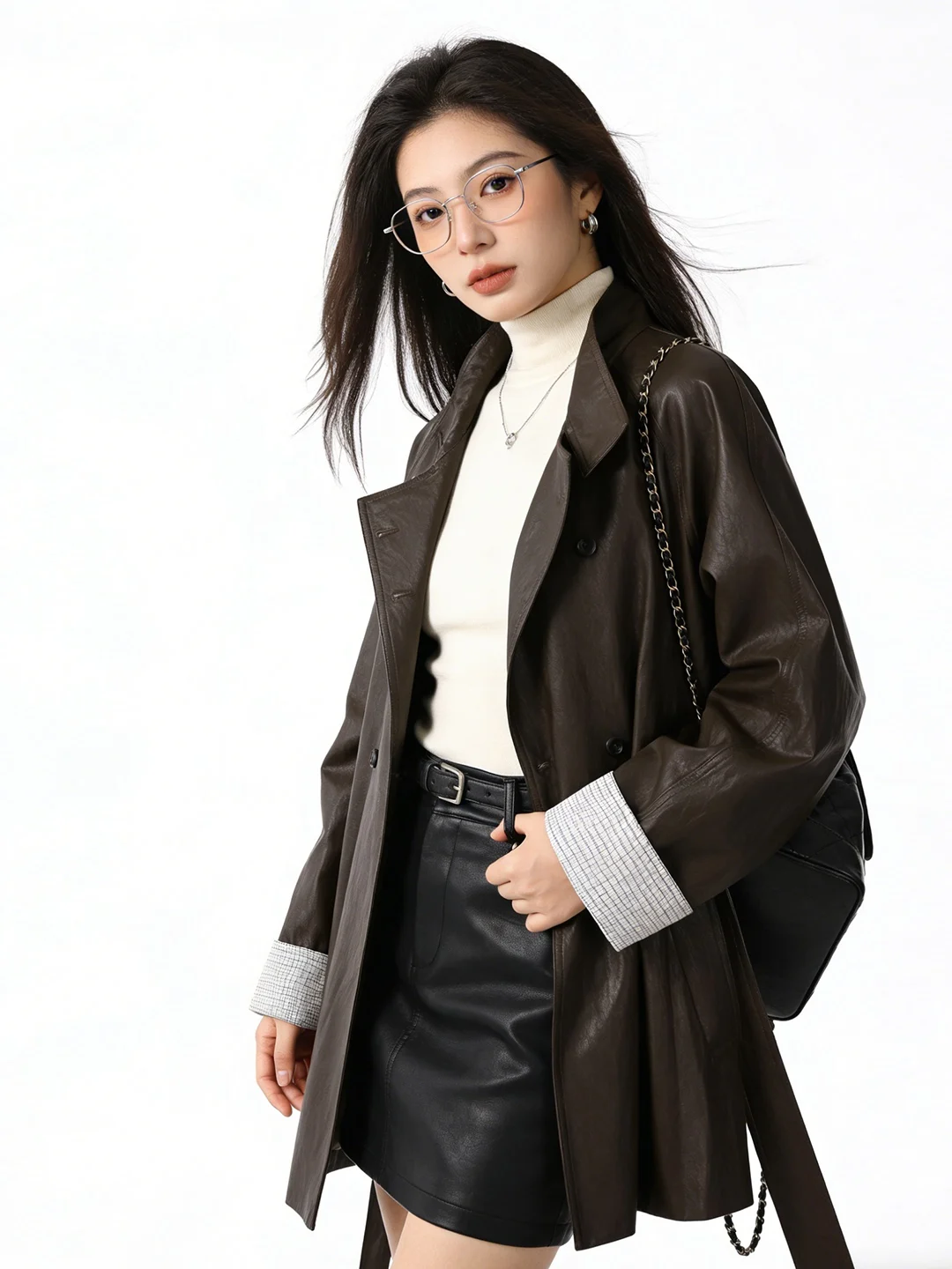Retro Korean Style Double Breasted Stand Collar Leather Jacket Midi Coat Early Spring Plaid Color Block Slimming Coat