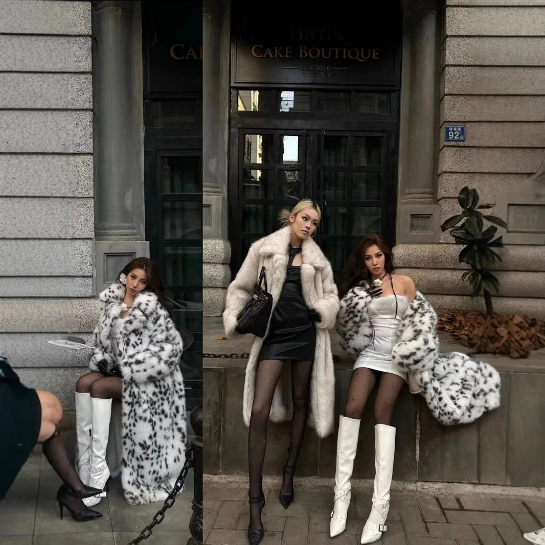 Women Thick Coats Loose Faux Fox Fur Cardigan Jacket Full Sleeve Warm Lapel Long Jackets Lady Furry Coat Autumn Winter