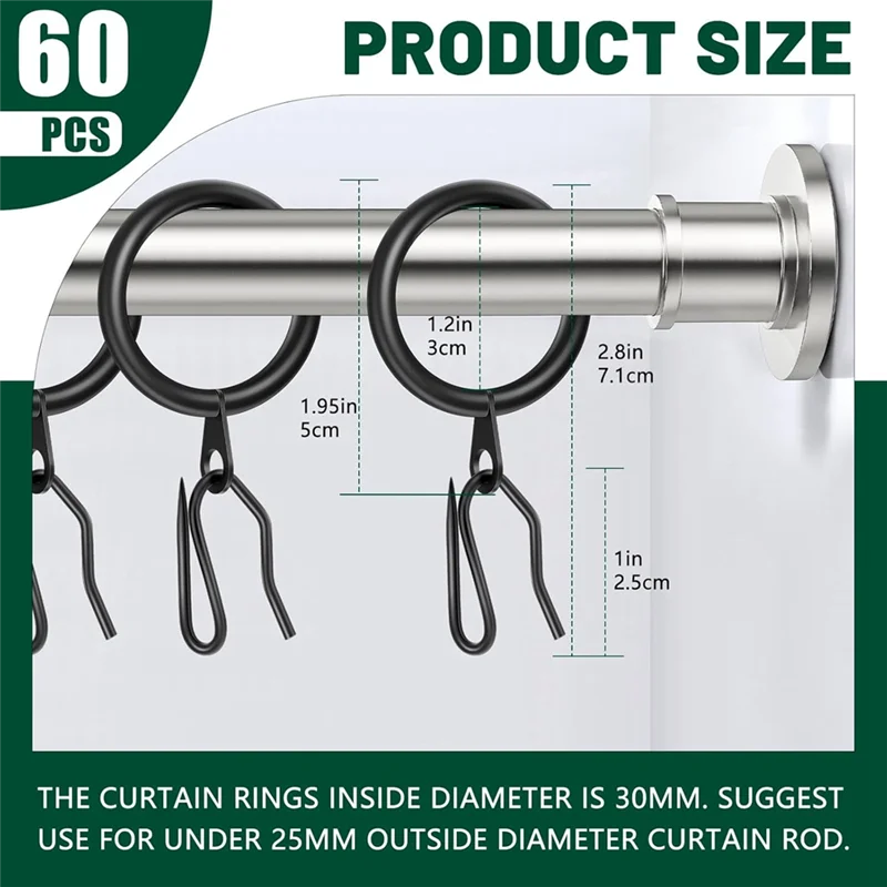 60Pcs Metal Curtain Rings And 60 Pcs Curtain Drapery Pin Hooks,30Mm Internal Diameter For Window, Shower Curtain