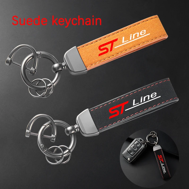 

For Ford ST Line Kuga MK3 MK2 MK4 S Max Focus High-Grade Leather Suede Keychain Car Sport Key Ring With Horseshoe Buckle