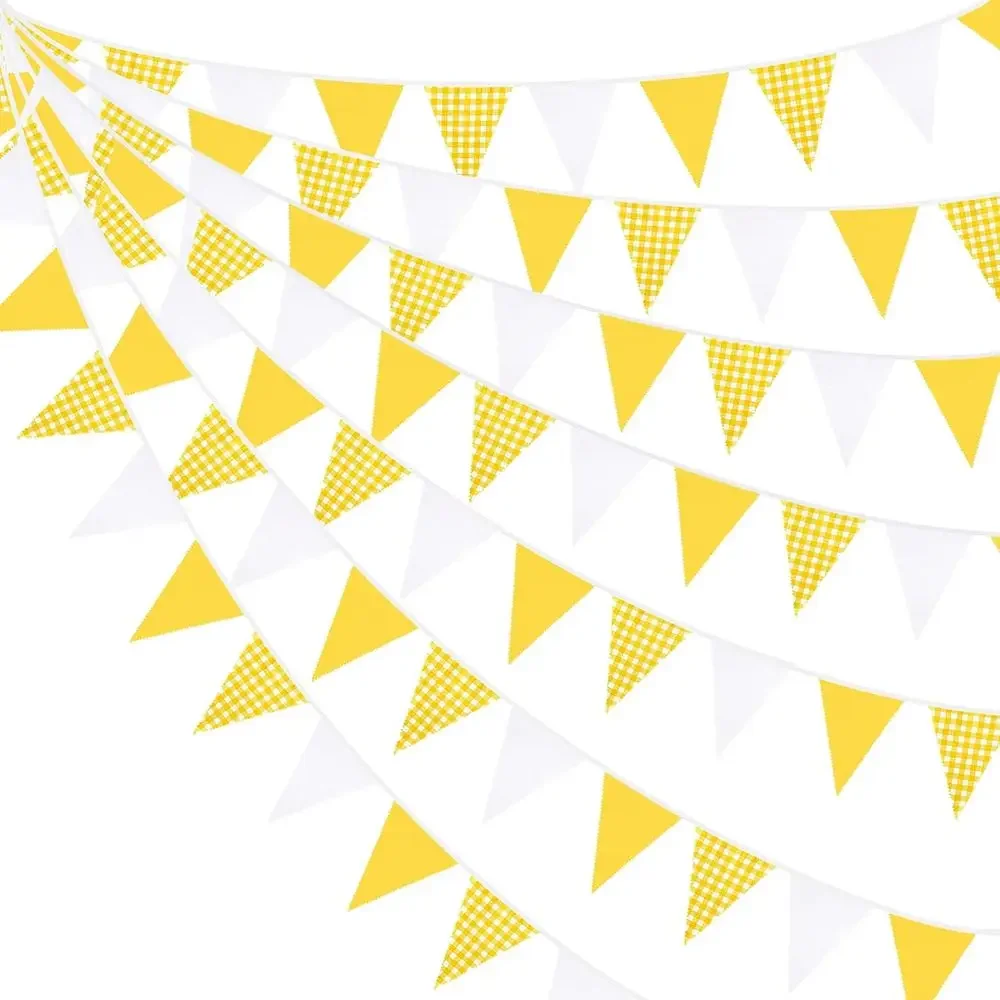 

Yellow Plaid Checkered White Fabric Pennant Banner for Outdoor Picnic, BBQ, Wedding, Birthday, Baby Shower, and Garden Parties