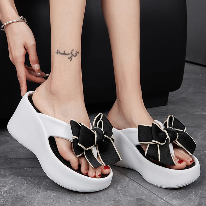 Fashion Bowknot Wedge Flip Flops Women Super High Heels Thick Bottom Eva Slippers Woman Summer Clip Toe Chunky Platform Sandals