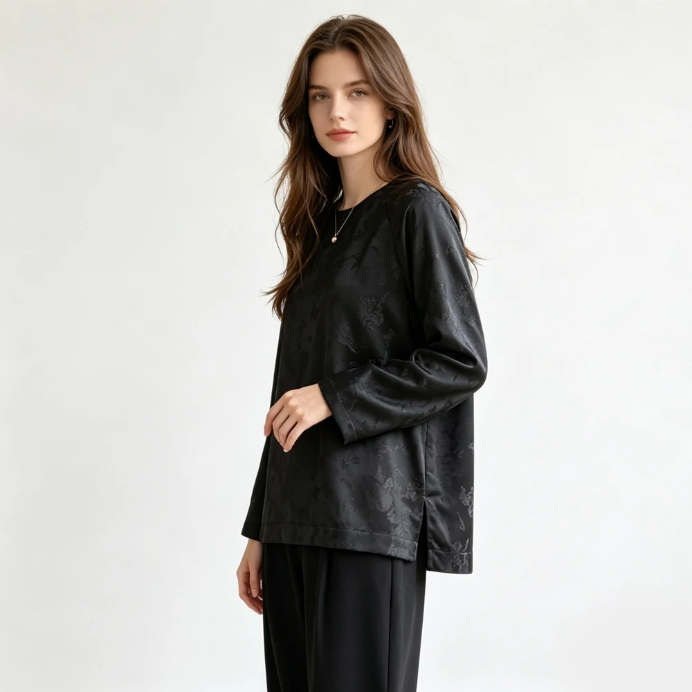 Women's Fashion Autumn New 100% Natural Mulberry Silk Gambiered Guangdong Gauze Round Neck Long Sleeved Retro Black T-shirt
