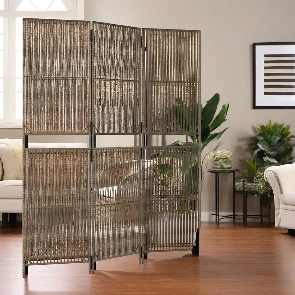 

3-Panel Gray Poly Rattan Room Divider - Stylish Screen for Home Decor