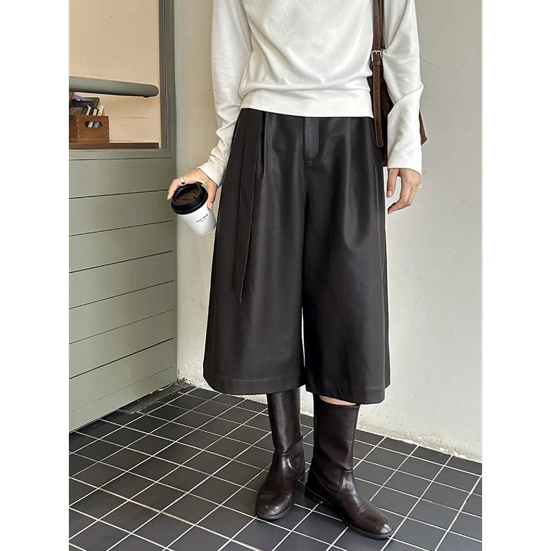 2025 Autumn New High-Waisted Slimming Versatile Leather Pants Women's High-End Slimming Loose Wide-leg Pants Pants