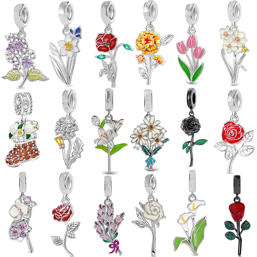 Colorful Daisy Tulip Purple Lilac & Lily Flower Dangle Charm Beads Fit Original European Silver 925  Bracelet Women Jewelry Gift