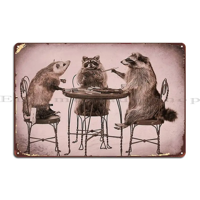 Two Raccoons And Opossum Playing Poker Metal Sign Designer Cinema Wall Decor Wall Decor Cinema Tin Sign Poster