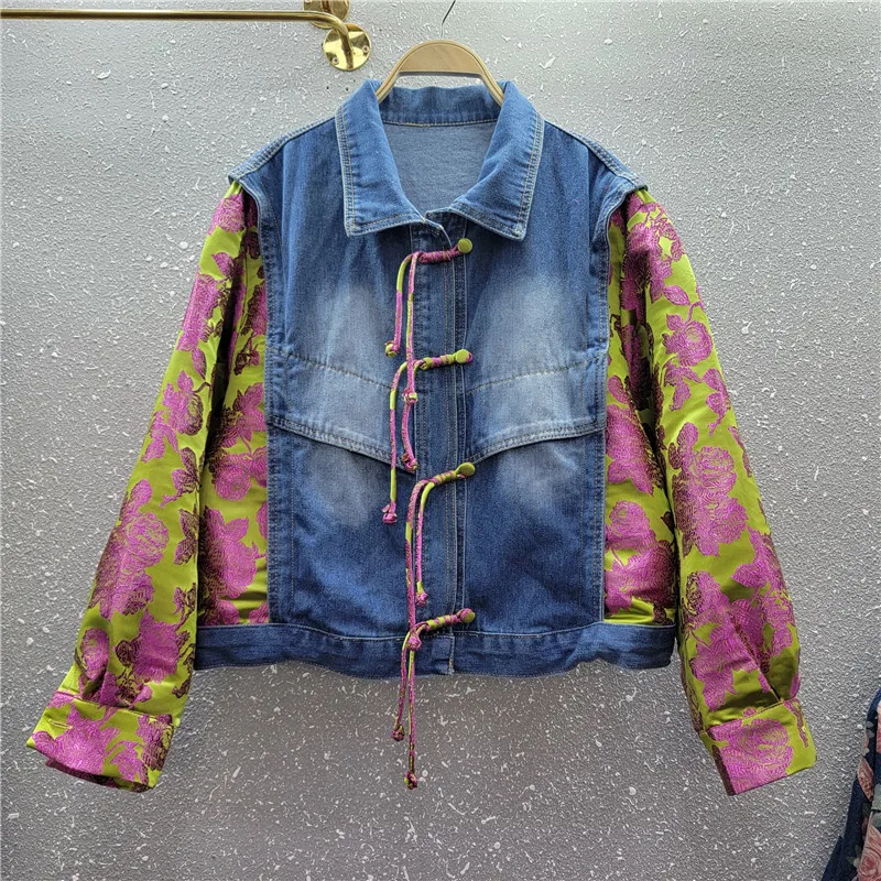 Streetwear Fashion Print Denim Jacket Women Loose Short Outerwear Spring Autumn Korean Splicing Long Sleeve Jeans Jackets Female