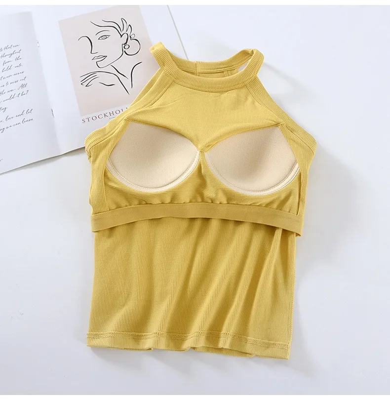 2024 Ribbed Women\'s Camisole with Padded Wireless Bust Sleeveless Sexy Halter Neck Casual Stylish Base Layer Female Top Outwear