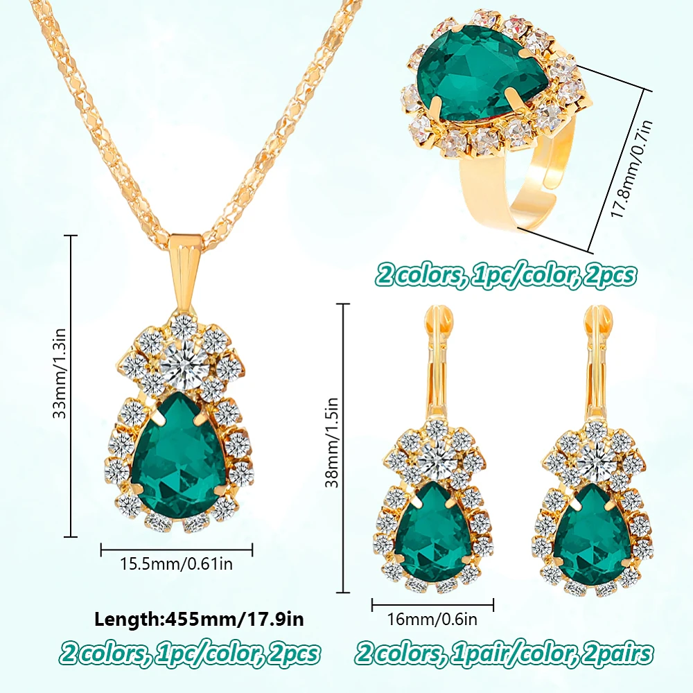 2Pcs Jewelry Sets Teardrop Dangle Earrings Necklace Ring Set Rhinestone Wedding Prom Costume Jewelry for Girlfriend Mom Friend