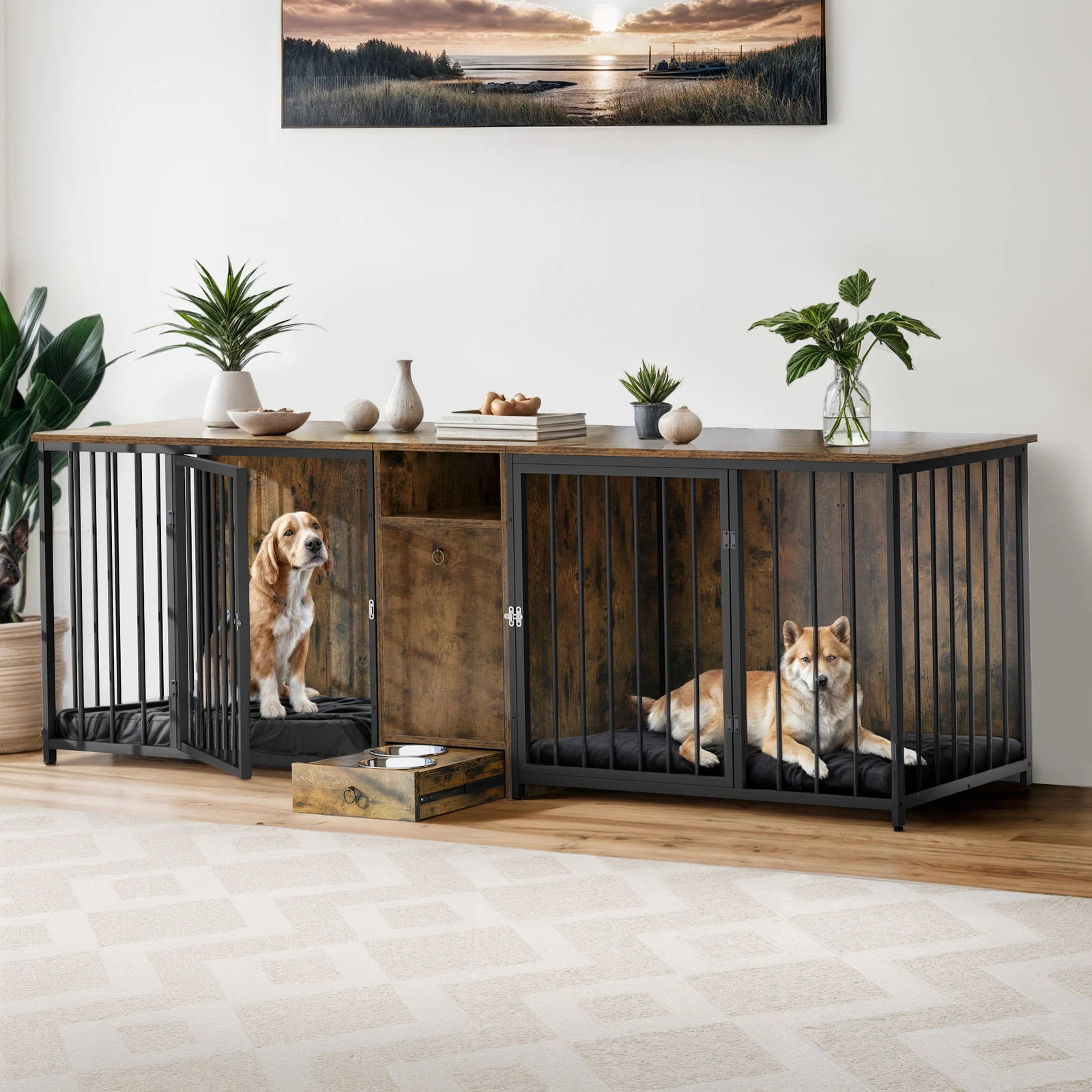 

Dog Crate Side Table Iron Cage 2 Doors Heavy Duty Kennel Pet Bowl Hutch