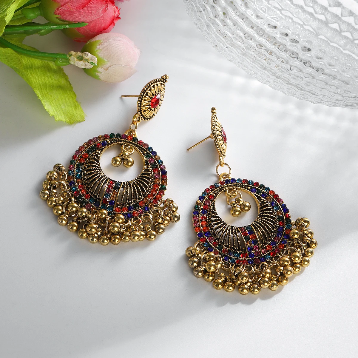 New Pendientes Indian Bollywood Jewelry Jhumka Vintage Blue Crystal Geometric Pendant Earrings Bohemia Brincos Feminino