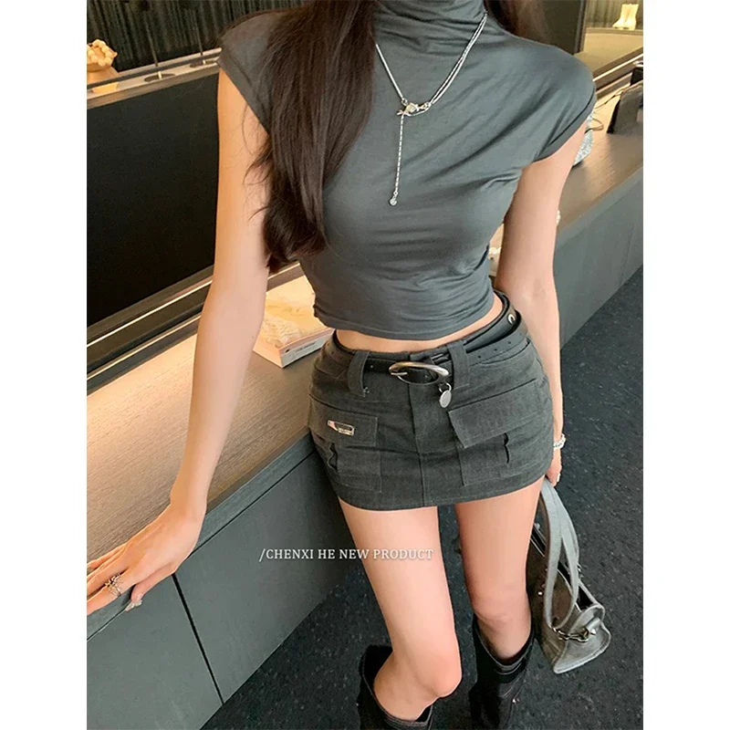 Y2K 2000S Cargo Mini Skirt Women Harajuku Vintage Belt Hip Wrap Skirts Summer Gothic Aesthetic Sexy Slim A Line Short Skirt New