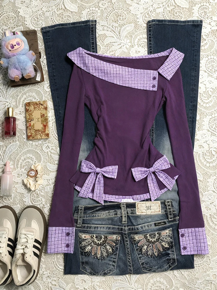 

Original Purple Long Sve Knot Slim Fit T-irt for Girls Vintage Sle Color Casual Wear Chinese Design