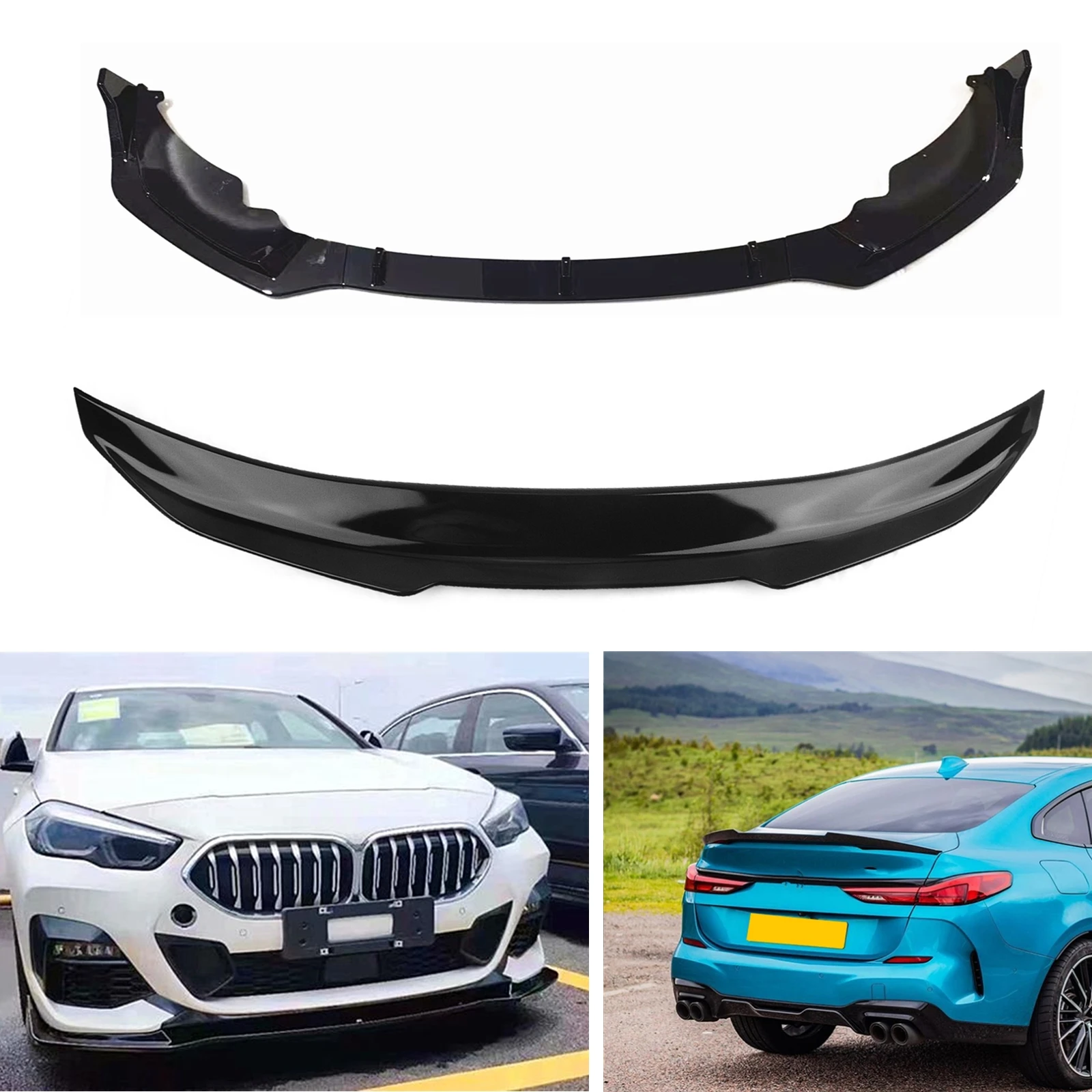 

For BMW 2 Series F44 2020-2023 220i 228i m235i Front Bumper Lip+Rear Trunk Lid Spoiler Wing Splitter Gloss Black Car Body Kit