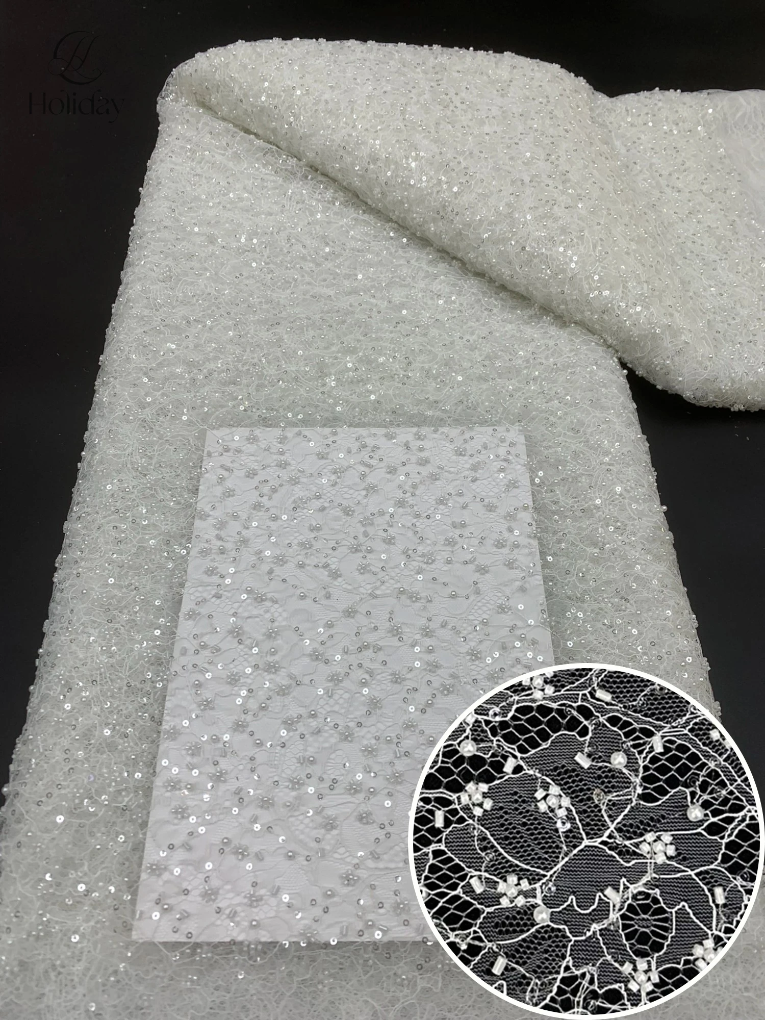 

5Y/piece 2025 High Quality Lace mesh bottom Sequins With Pearl Lace French Tulle Fabric For Party Dress Sew