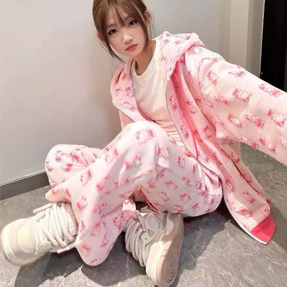 Anime Y2K Hello Kitty Women 2Pcs Sweatshirt Suit Sanrioed Kawaii Spring Cotton Pink Cardigan Wide Leg Pants Student Sweet Trend