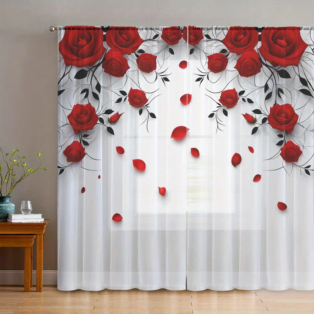 Romantic Red Rose Floral Print Curtain Panel Decorative Waterproof Window Drapes Pair for Living Room Bedroom Home Decor