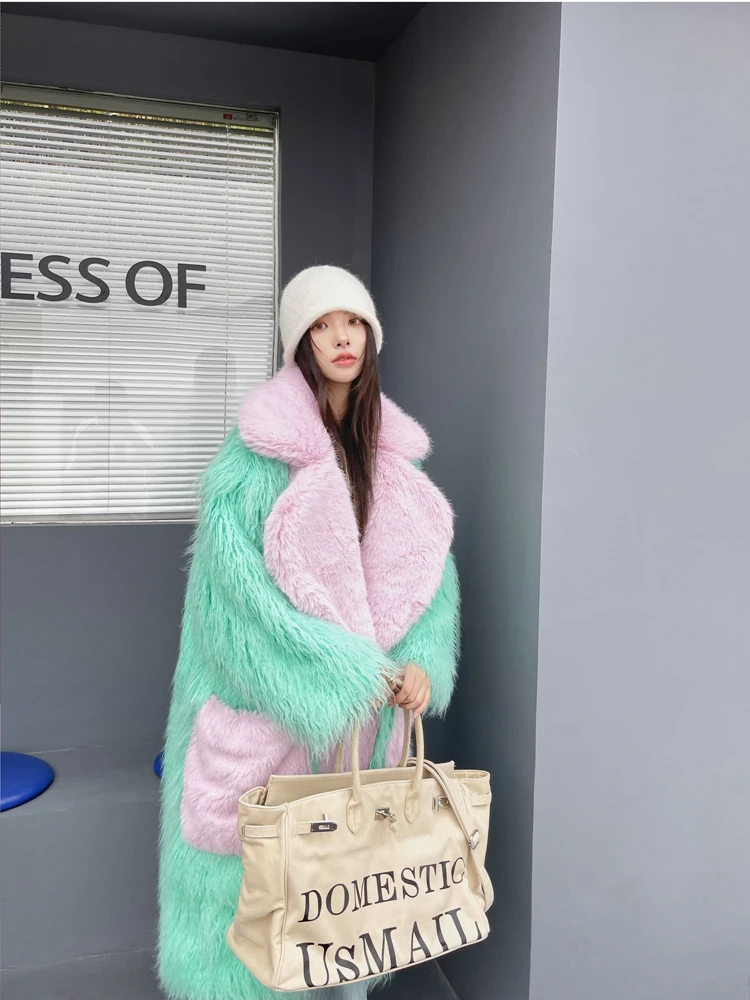 Original Design Light Green Eco-friendly Faux Fur Coat Female Loose Lapel Long Jacket Lady Shaggy Outerwea Women\'s Winter Coats