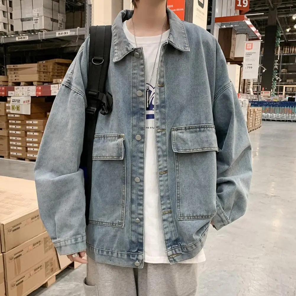 Men Denim Jacket Stylish Men's Denim Jacket with Lapel Collar Flap Pockets Casual Spring Autumn Coat for A Loose Fit Look Solid