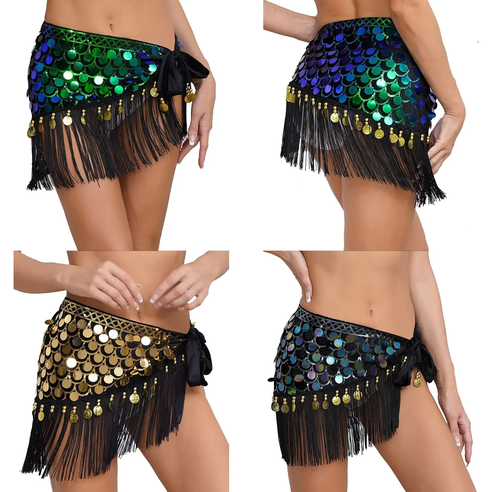 Women Halloween Belly Dance Lace-Up Hip Skirt Fishscale Sequin Beads Coins Fringe Hip Scarf Wrap Skirts Festival Dance Costumes