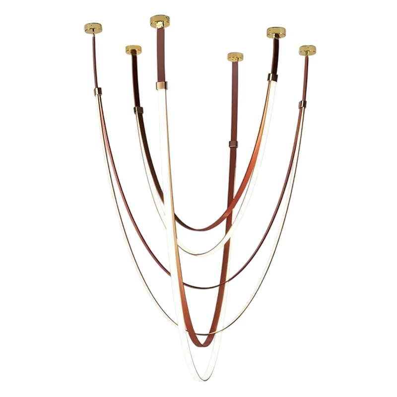 

2025 Trendy DIY Brown Black Leather Belt Dimmable LED Pendant Light Chandelier Luminaire Hanging Lamp For Living Room
