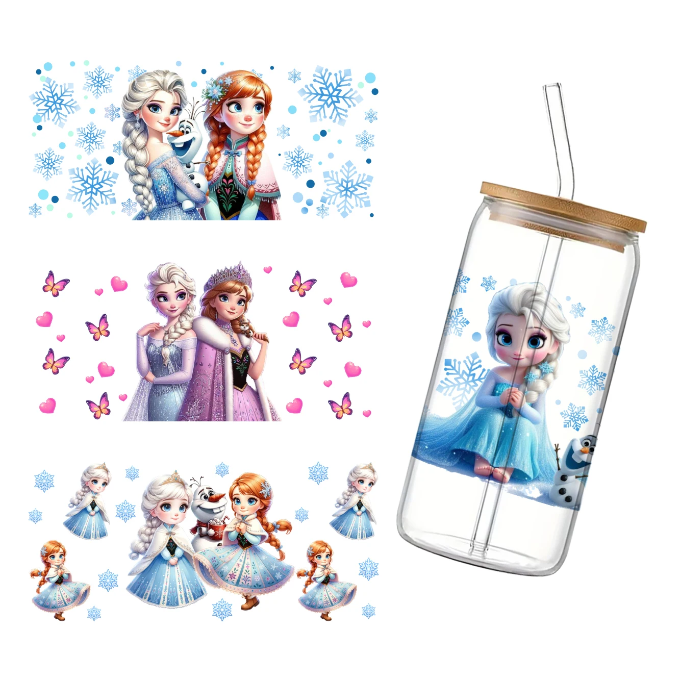 Disney mini congelado princesa elsa anna impresso uv dtf transferência adesivo à prova dwaterproof água para 16oz copo de vidro envoltório adesivos