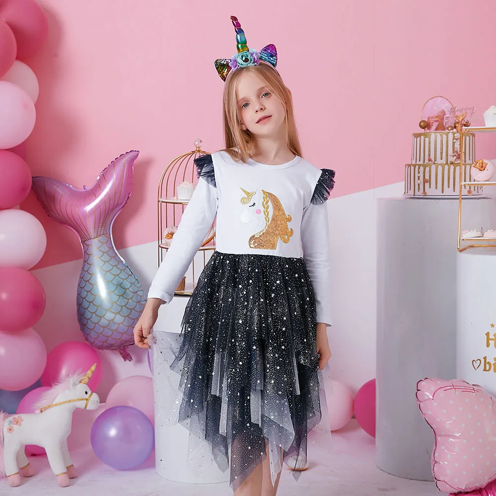 DXTON Sequined Unicorn Children Dresses Irregular Mesh Tutu Skirts Flying Sleeve Princess Dress For Girls Autumn Winter Clothing