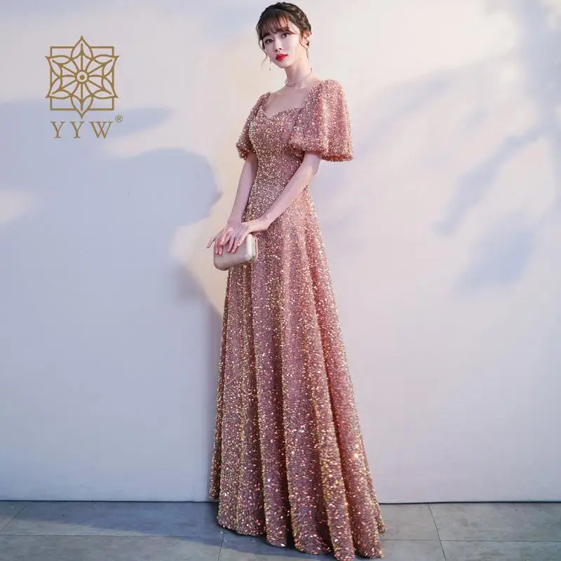 Pink Dress for Women Wedding Maid Of Honor Puff Sleeve Female Night Party Glitter Prom Gowns Formal Girl Dance Cocktail Dresses