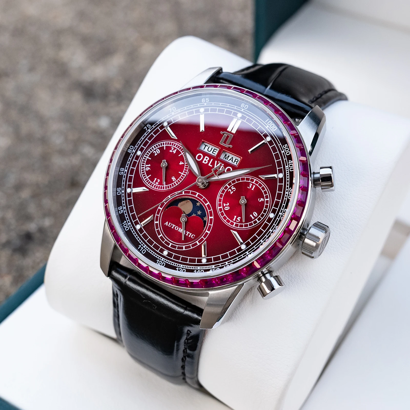 

OBLVLO мужские автоматические часы с фазой Луны и бриллиантовым безелем, классический многофункциональный кожаный ремешок, механический браслет Relojes GC