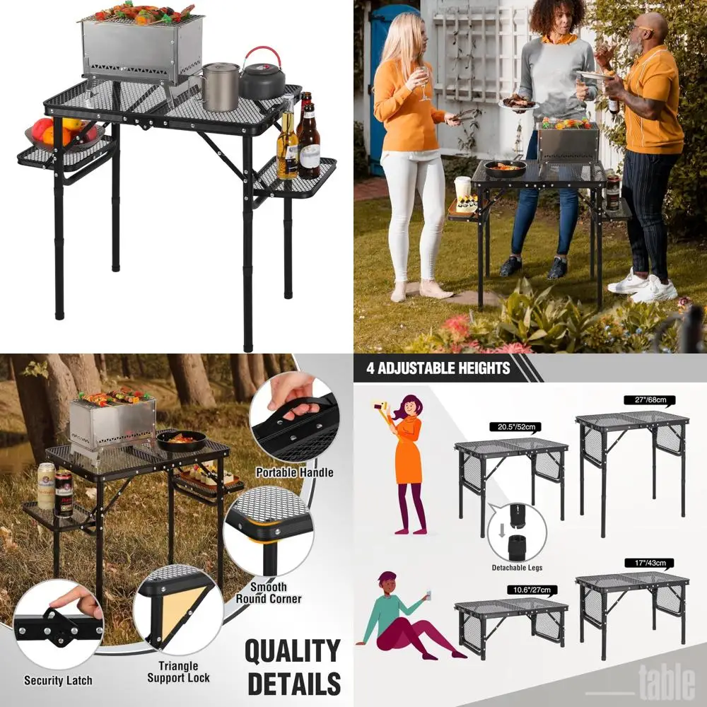 

Portable Outdoor Folding Grill Table with 2 Side Tables and Adjustable Heights for Small Stand Use