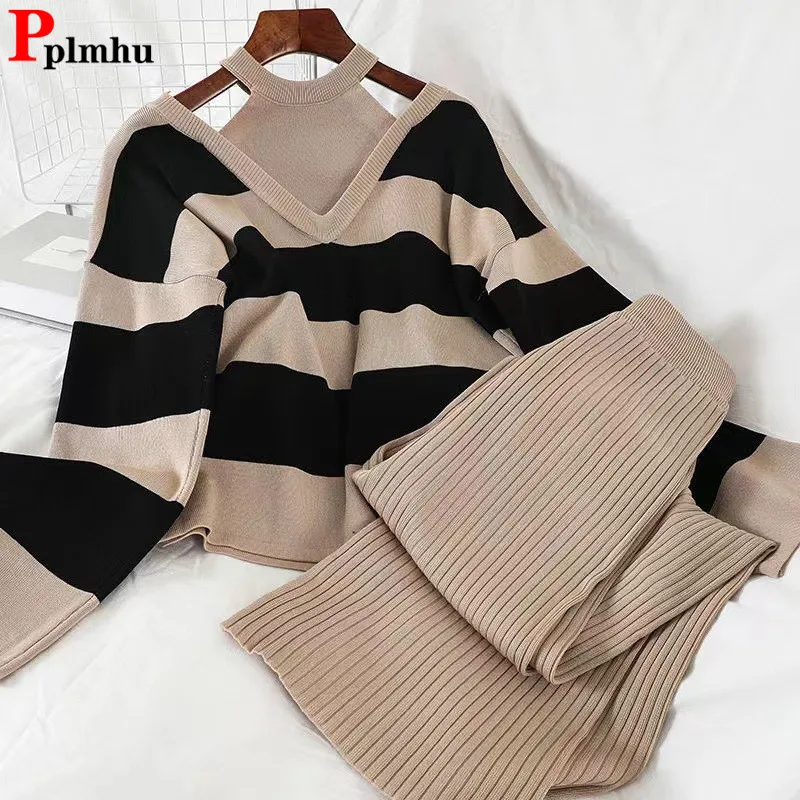 Korean Design Knitted 2 Piece Sets Women Striped Hanging Neck Knitwears Sweater Pullover Tops Suits High Waist Sweatpants Outfit