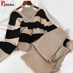 Korean Design Knitted 2 Piece Sets Women Striped Hanging Neck Knitwears Sweater Pullover Tops Suits High Waist Sweatpants Outfit