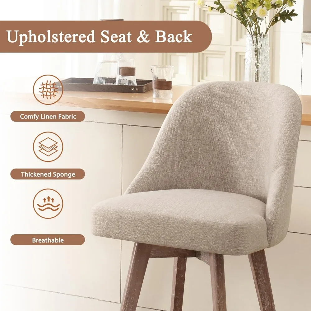 Juego de 2 taburetes de bar giratorios con altura de mostrador, taburetes de bar tapizados de tela con respaldo y asiento grueso, patas de madera maciza, Ba moderna de 26"