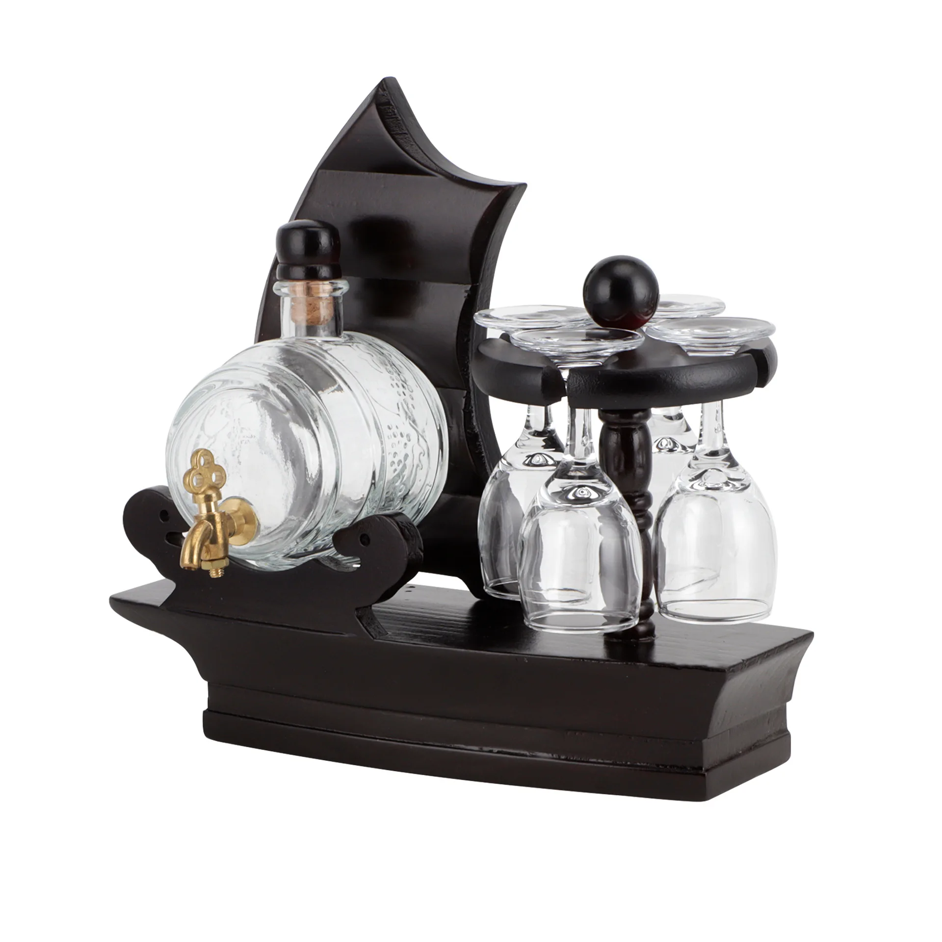 Wholesale sailing shape keg decanter wooden frame with faucet glass bottle whiskey bottle creative wine