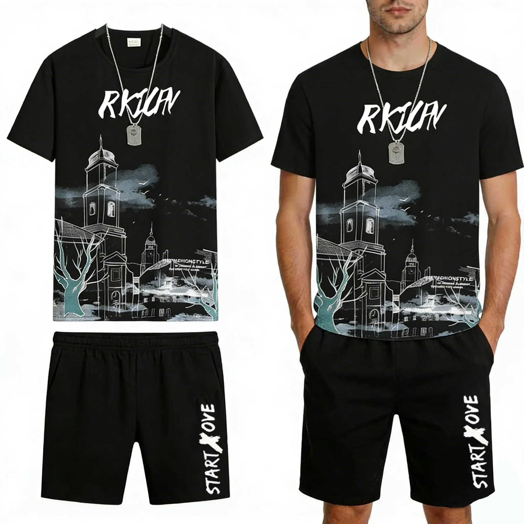 

Мужской комплект из 2 предметов: футболка с коротким рукавом и шорты, летний модный тонкий быстросохнущий спортивный костюм для активного отдыха, 2026 год