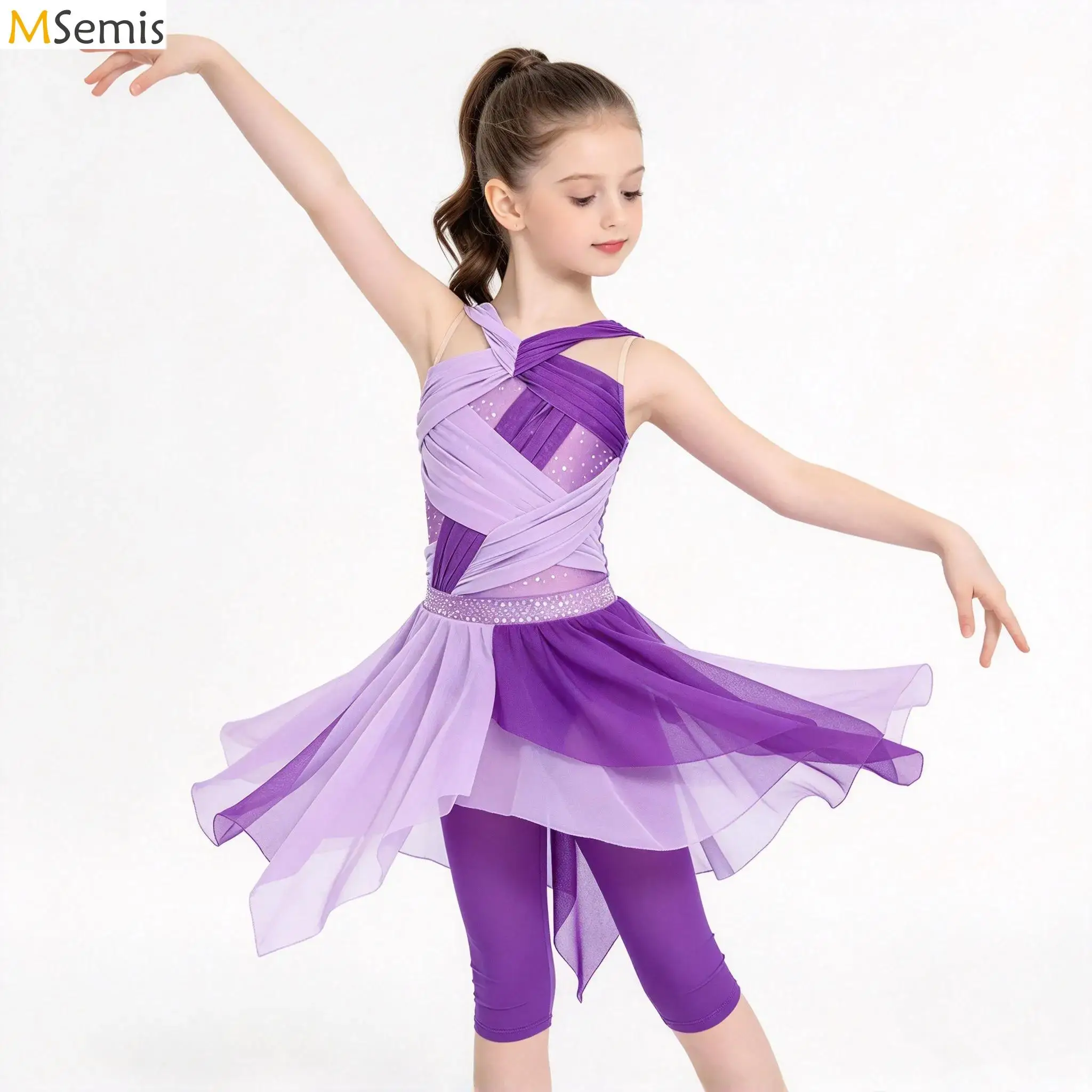 Kids Girls Lyrical Dance Costume Irregular Hem Mesh Chiffon Skirt Rhinestone Belt Ballet Stage Competition Performance Dress