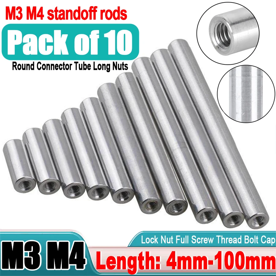 10pcs Aluminum M3 M4 All Thread Sleeve Rod Bar Stud Round Connector Tube Long Nuts 4mm-100mm Round Spacer Standoff Rods