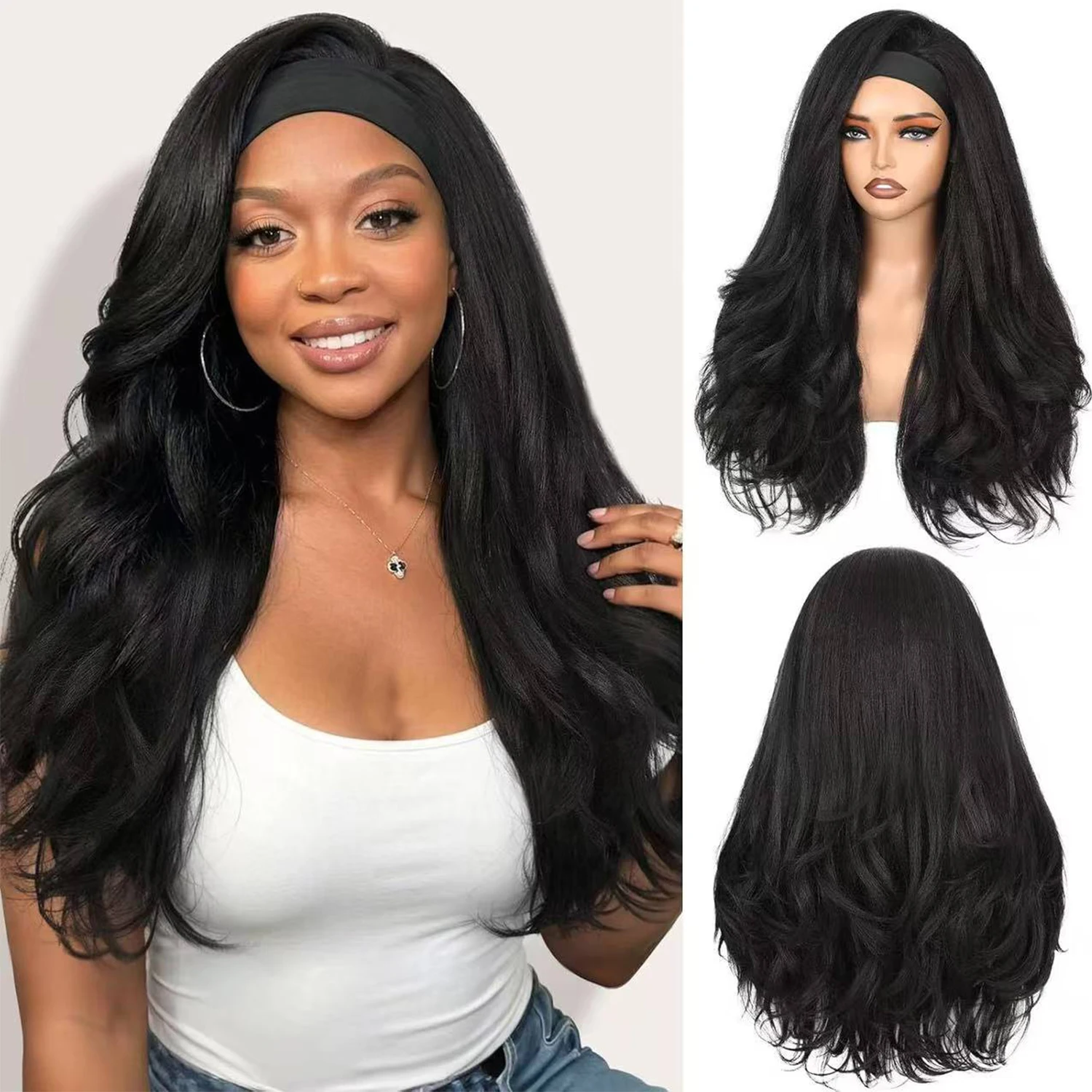 26 Inch Yaki Wavy Headband Wigs for Black Women Wear and Go Kinky Straight Headband Wig with Layered Blowout Texture Synthetic