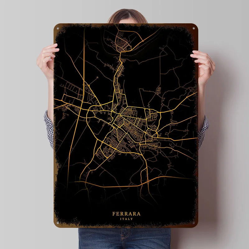 Ferrara City Map Gold Tinplate Posters Customizable Wall Art Retro Vintage Metal Signs for Home Room Mancave Decoration Garage
