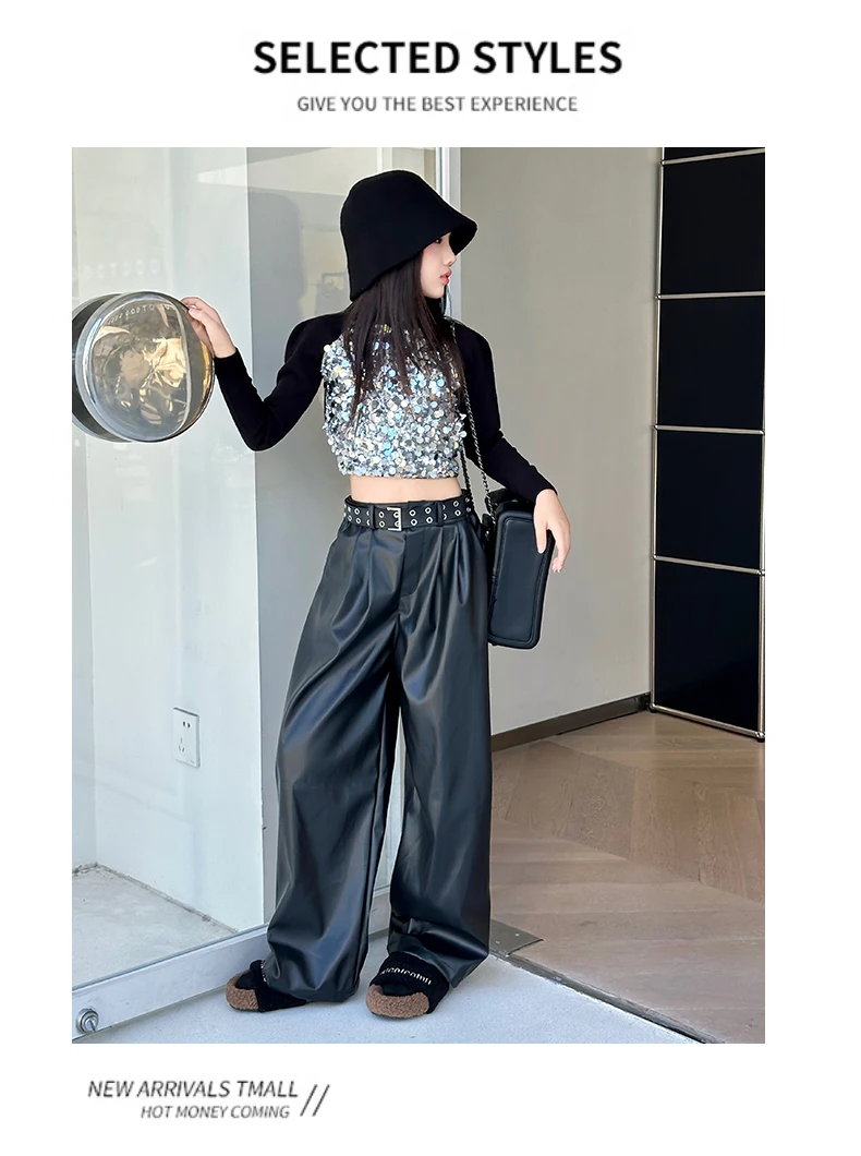 Hip Hop Mädchen K-pop Pailletten Crop Top Glänzende PU Leder Hosen Street Dance Kostüme Kinder Streetwear Kinder Jazz Bühne kleidung Set – Detail 7
