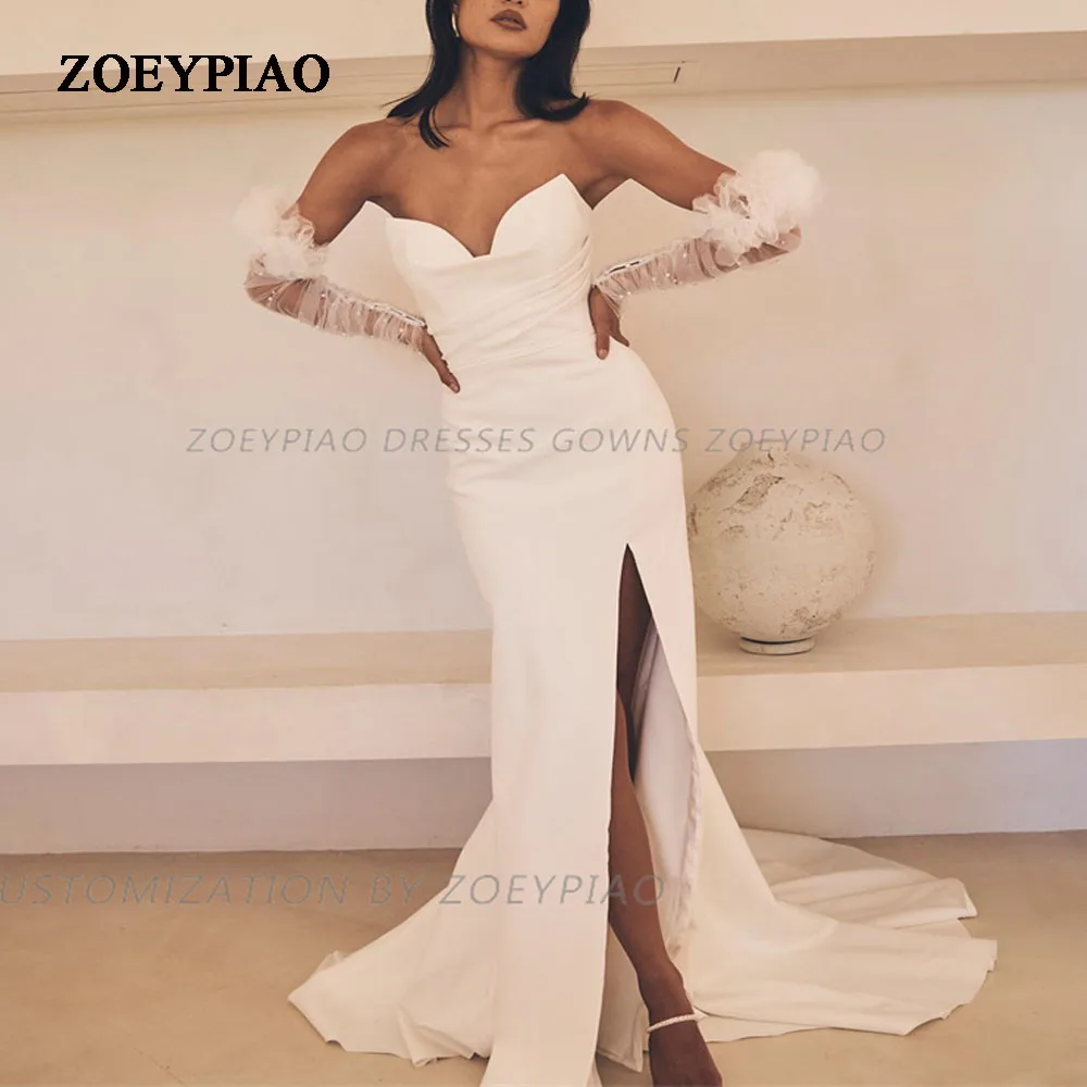 

Simple Mermaid Wedding Dress White Satin Sweetheart Side Slit Beach Princess Bride Bridal Gown Long Train Vestido de Novia