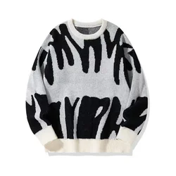Men Pullovers Sweaters Tops Casual Loose Splice Print Knitted Round Neck Full Sleeve Knit Simple Top Autumn Winter 2024
