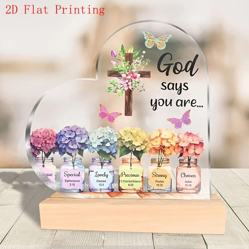 God Says You Are Heart‑Shaped Acrylic Tabletop Plaque, Cross Hydrangea Jar Butterfly Faith Inspirational Desk Keepsake Gift