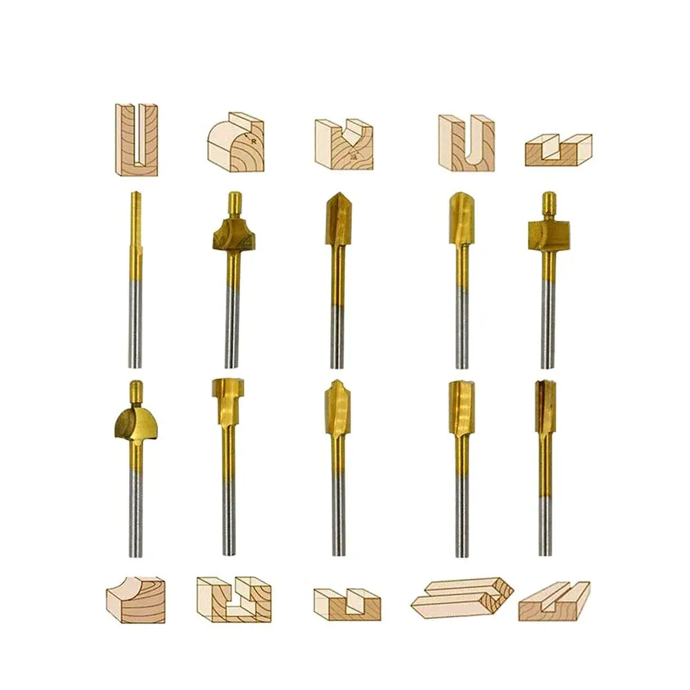 10個チタンhssルータービット木材フライスカッター1/8 "シャンク3ミリメートル大工トリミング彫刻ドリルビットdremel回転工具用