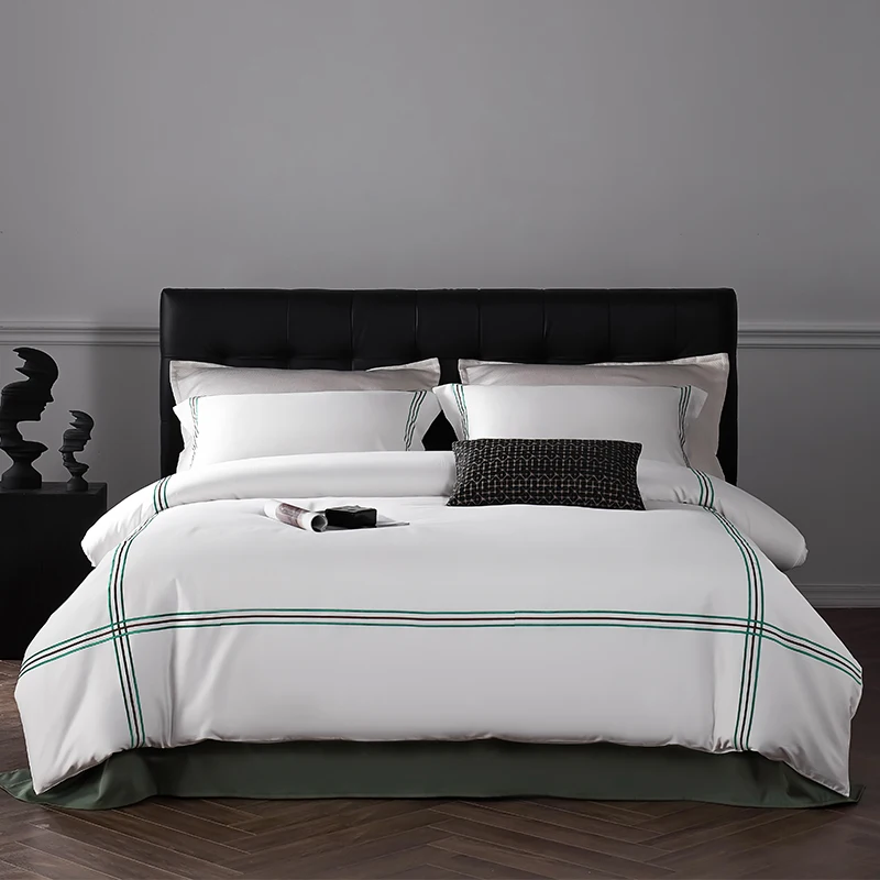 Luxury Line Embroidery Solid Color Hotel Style Bedding Set 600TC Egyptian Cotton Duvet Cover Flat/Fitted Bed Sheet Pillowcases