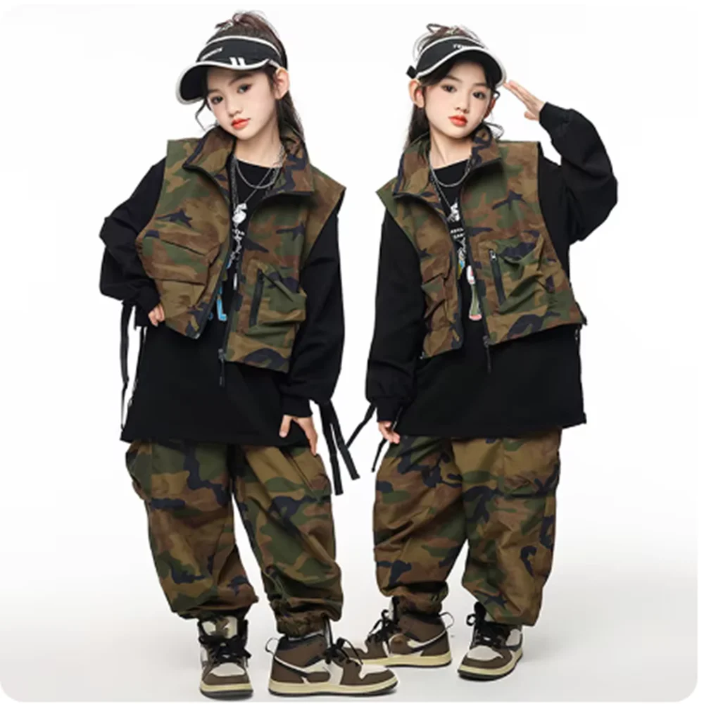 2025 쿨 키즈 스트리트 댄스 의상 소녀 K팝 힙합 패션 의류 재즈 댄스 무대 의상 카모플라주 조끼 카고 팬츠