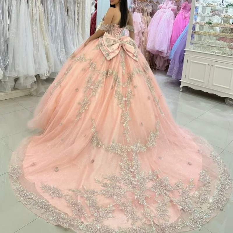 Light color Quinceanera Dress off-shoulder Lace  crystal glitter decal Long tail Bow vestidos de 15 Quinceanera ﻿Customize
